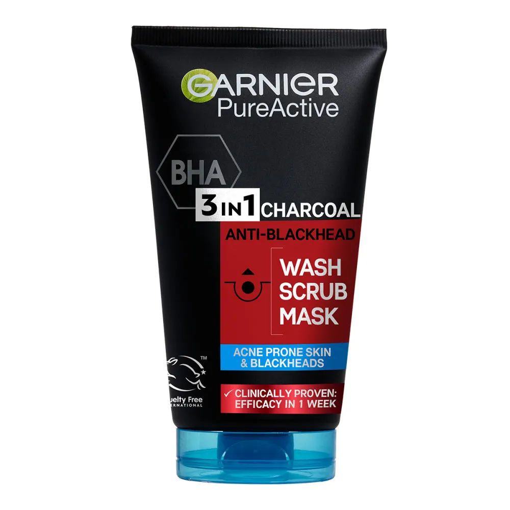 Garnier Skin Naturals Pure Active 3in1 Gel + Scrub + Anti-Blackhead Mask 3 az 1-ben tisztító fekete maszk, bőrradír és gél aktív szénnel a mitesszerek ellen, zsíros és problémás bőrre