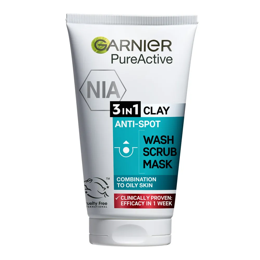 Garnier Skin Naturals Pure Active 3in1 Gel + Scrub + Anti-Acne Mask 3 az 1-ben tisztító fekete maszk, bőrradír és gél aktív szénnel a mitesszerek ellen, zsíros és problémás bőrre