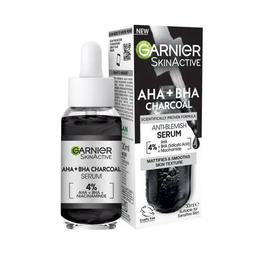 Garnier 4% AHA + BHA & Niacinamide Charcoal Face Serum szérum a bőr tökéletlenségei ellen